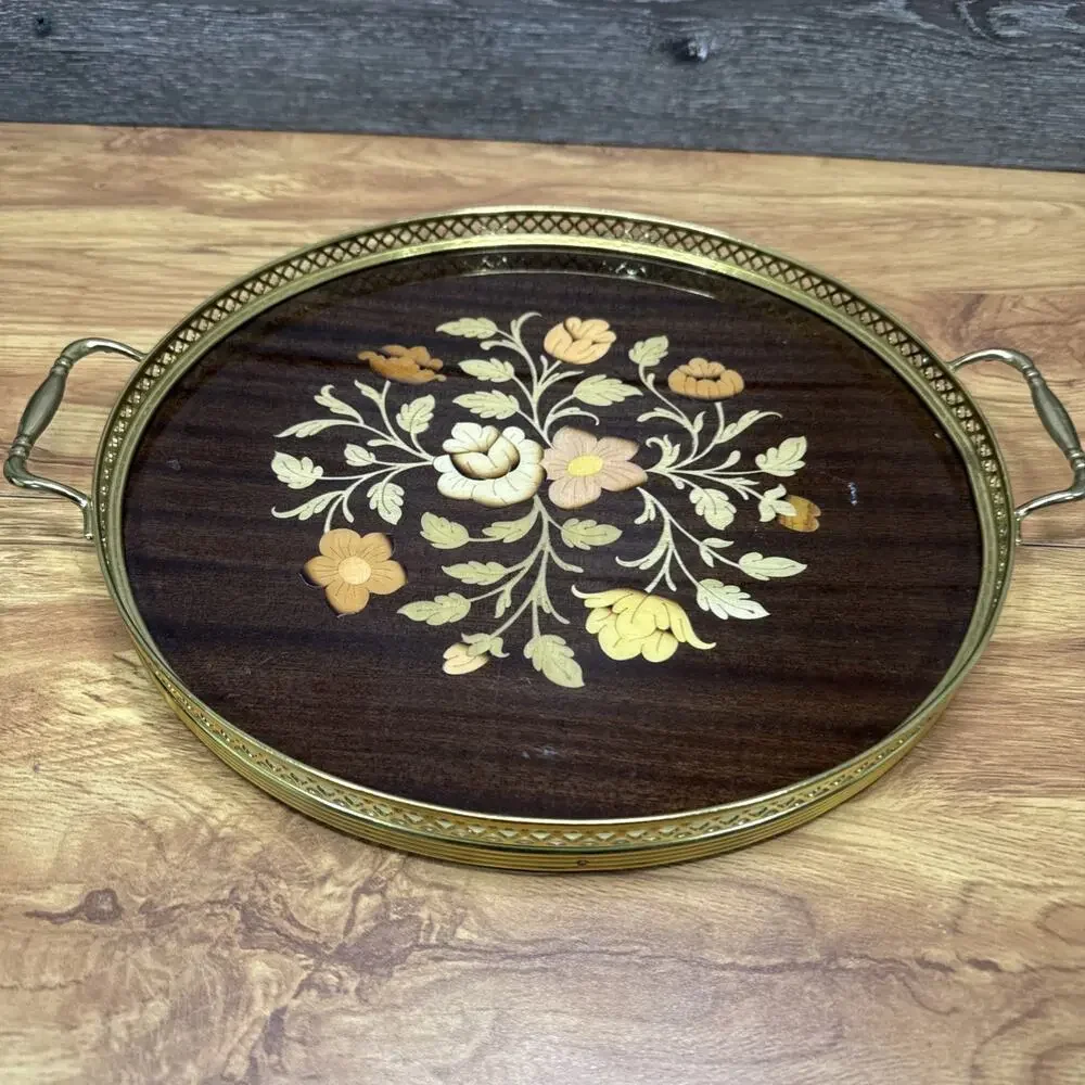 Vintage Italian Marquetry Wood Inlay Tray Brass Handles Vanity Ornate 11-3/4”